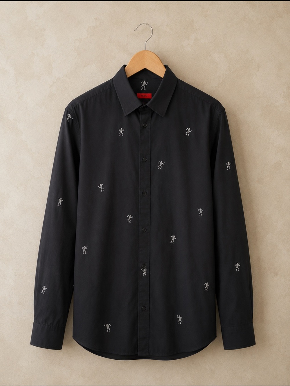HUGO Boss Extra Slim Fit Black Skeleton Embroidered Button Down 100% cotton